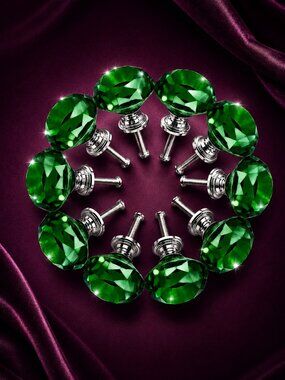 Crystal Knobs - Green Glass Cabinet Closet Door Vanity Drawer Pulls - Set of 10